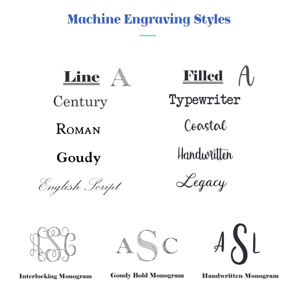 A white graphic titled 'Machine Engraving Styles' showing different font styles and monogram examples, including Line, Century, Roman, Goudy, English Script, Filled, Typewriter, Coastal, Handwritten, Legacy, Interlocking Monogram, Goudy Bold Monogram, and Handwritten Monogram.