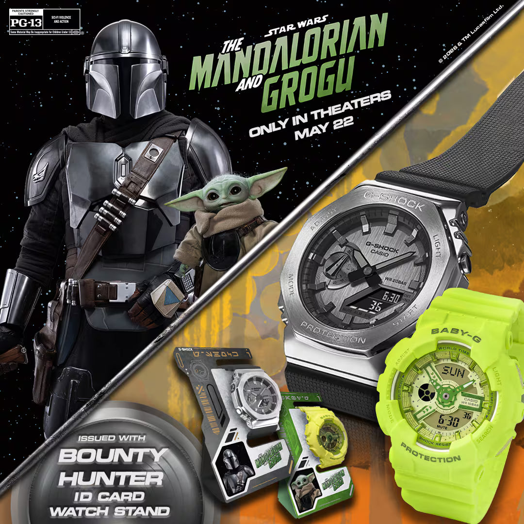 Promotional image for 'The Mandalorian and Grogu' with Casio watches and branded items.