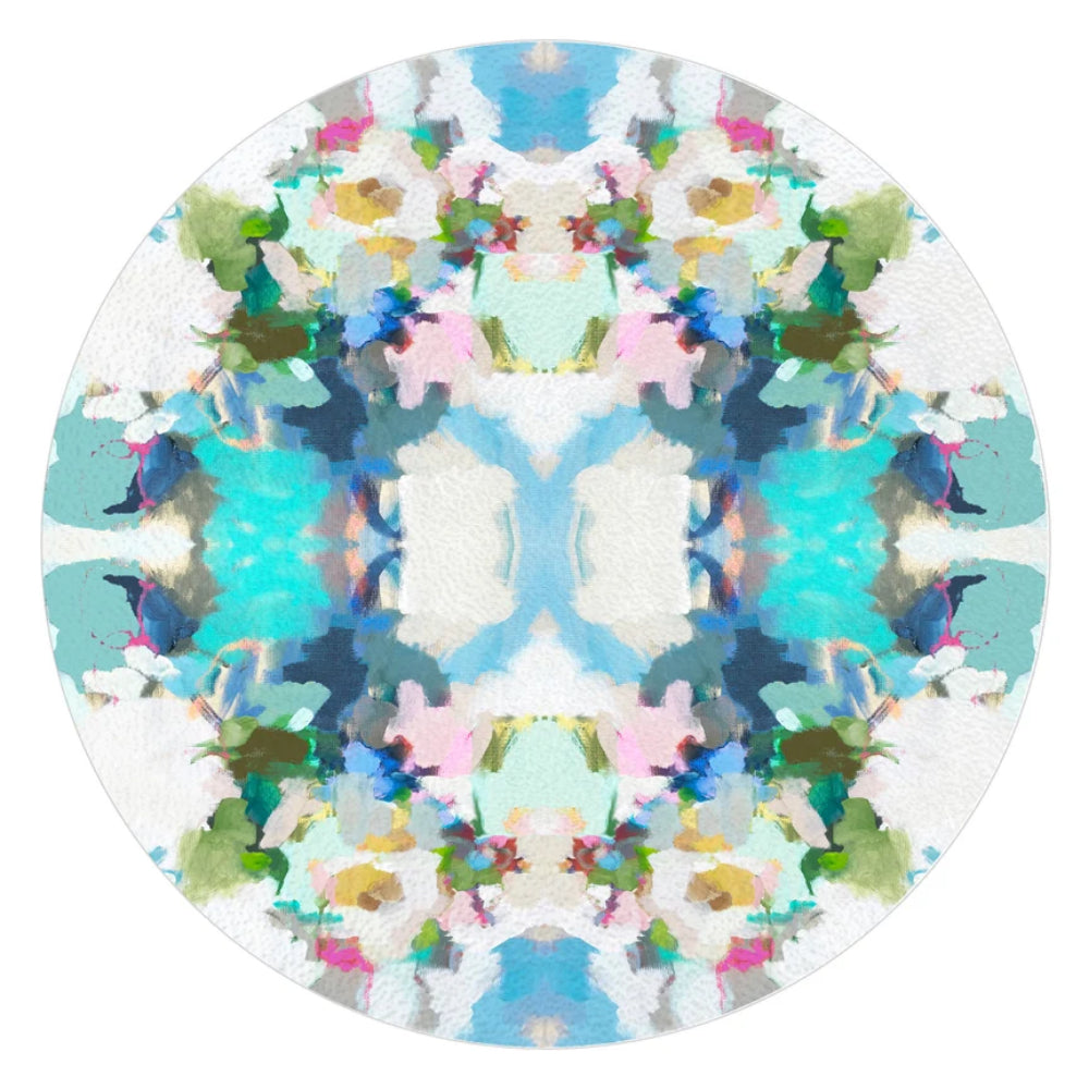 A circular abstract art cutting board featuring a symmetrical, kaleidoscopic watercolor pattern in shades of blue, teal, green, pink, and white on a clean white background.