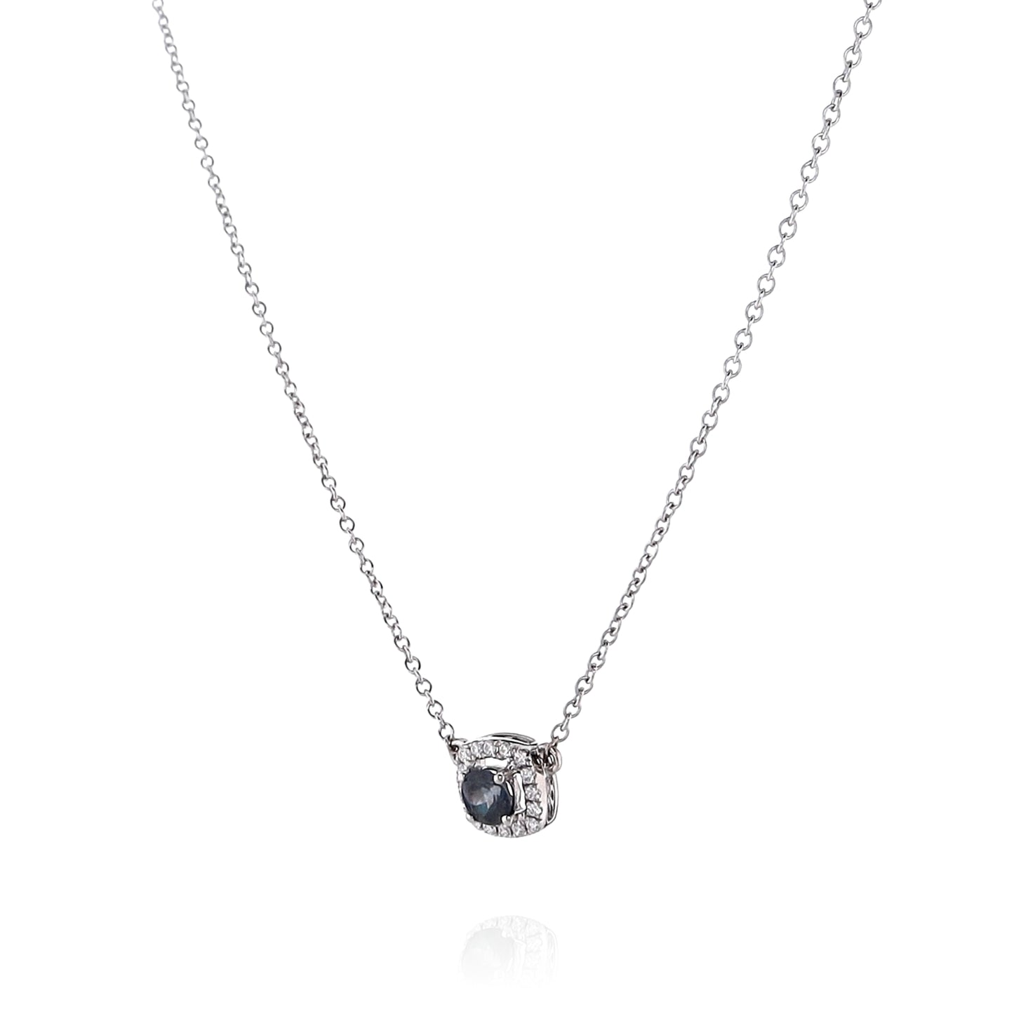 14k White Gold 18" Round Alexandrite and Diamond Halo Pendant Necklace