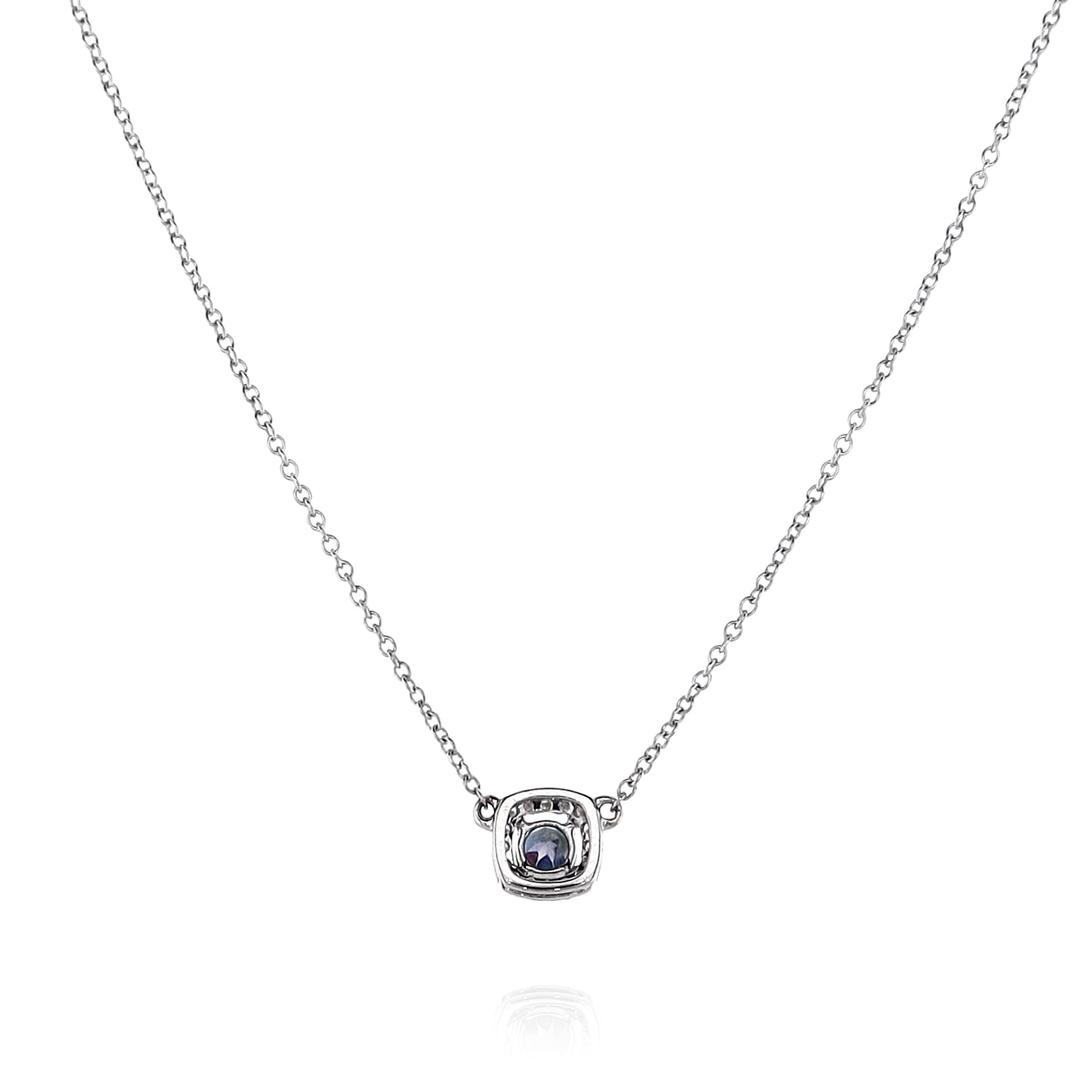 14k White Gold 18" Round Alexandrite and Diamond Halo Pendant Necklace