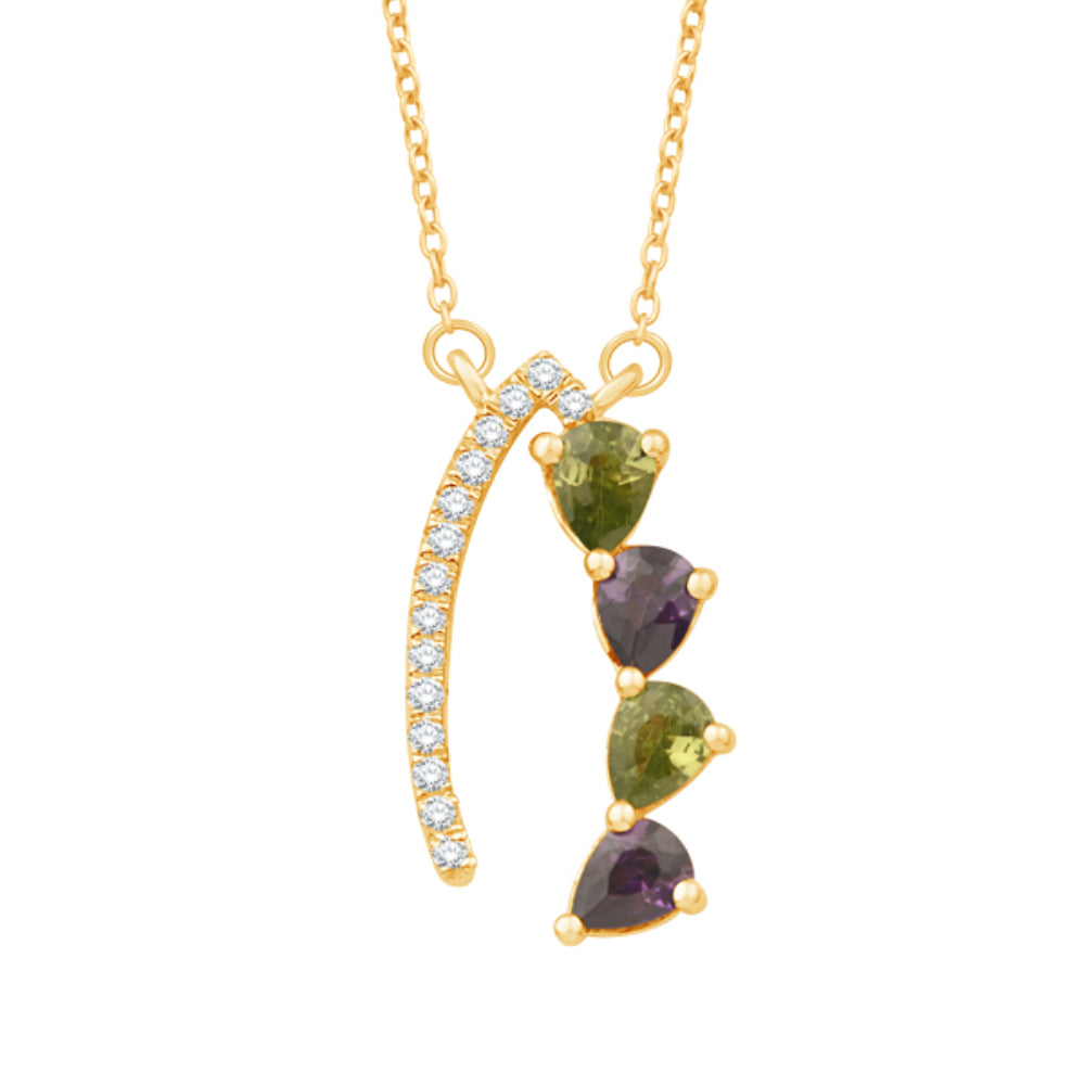 Gold necklace with pear shape peridot and amethysts and round diamonds on a white background