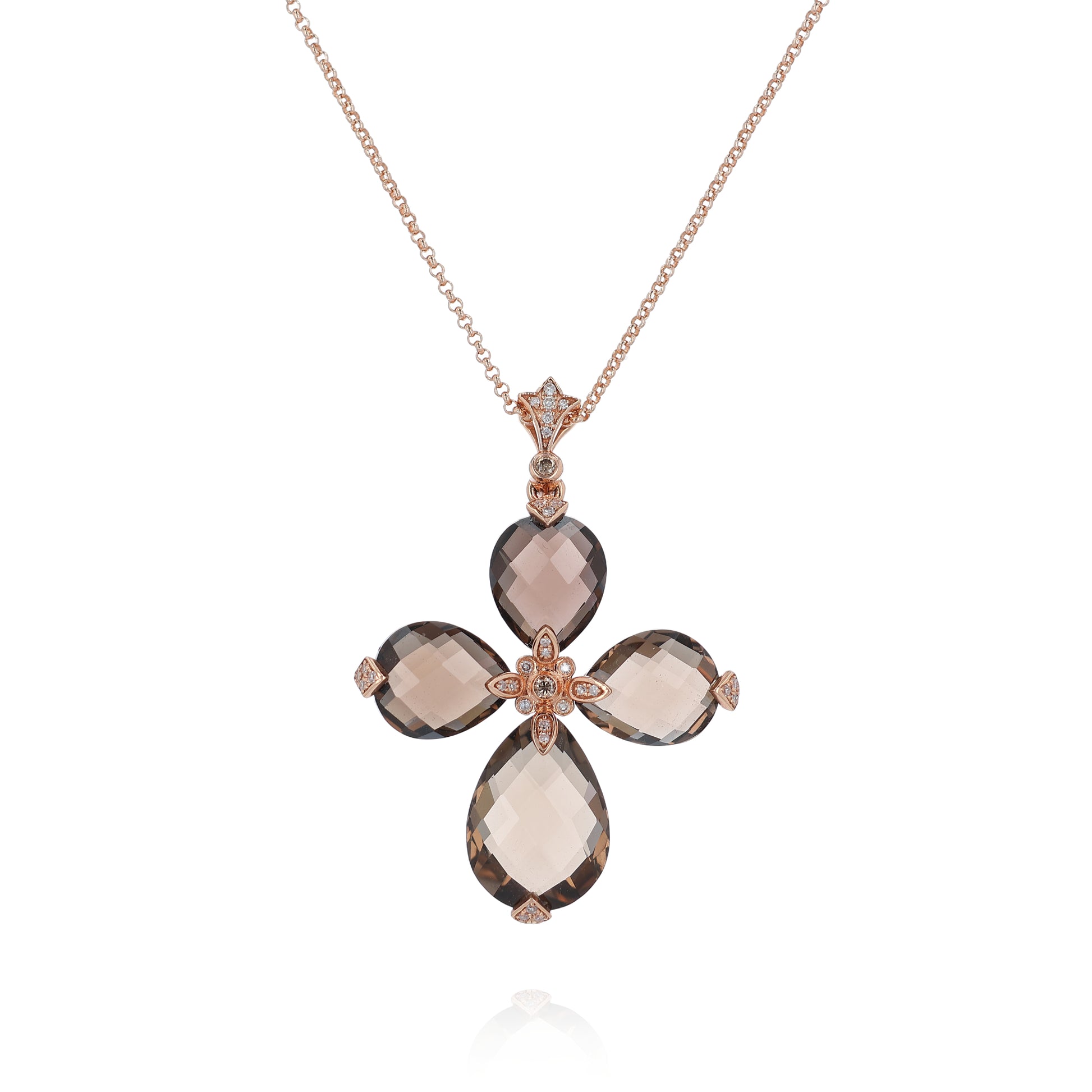 Rose gold faceted pear shape smoky topaz and diamond cross necklace on a white background