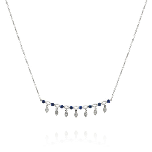 14k White Gold Open Navette Link Sapphire and Diamond Dangle Bar Pendant Necklace