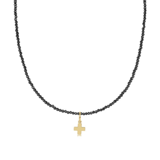 enewton 17" Choker Faceted Hematite 2mm Bead - Signature Cross Gold Charm