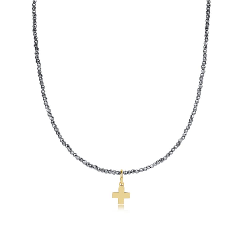 enewton 17" Choker Silver Faceted Hematite 2mm Bead - Signature Cross Gold Charm