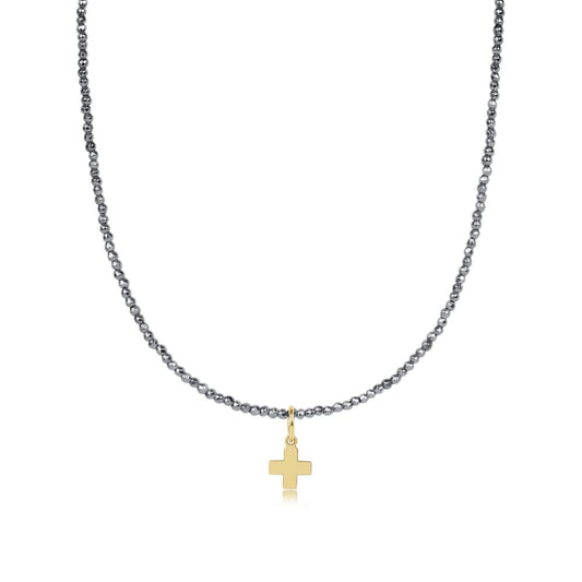 enewton 17" Choker Silver Faceted Hematite 2mm Bead - Signature Cross Gold Charm