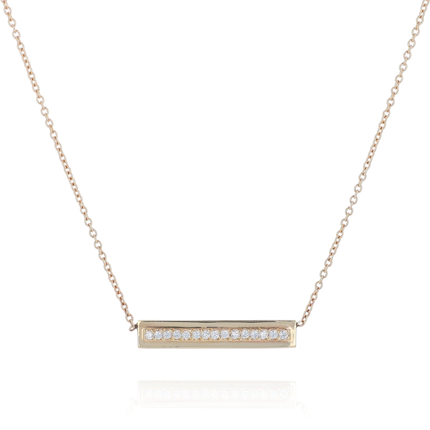 Yellow gold single row diamond bar pendant necklace on a white background