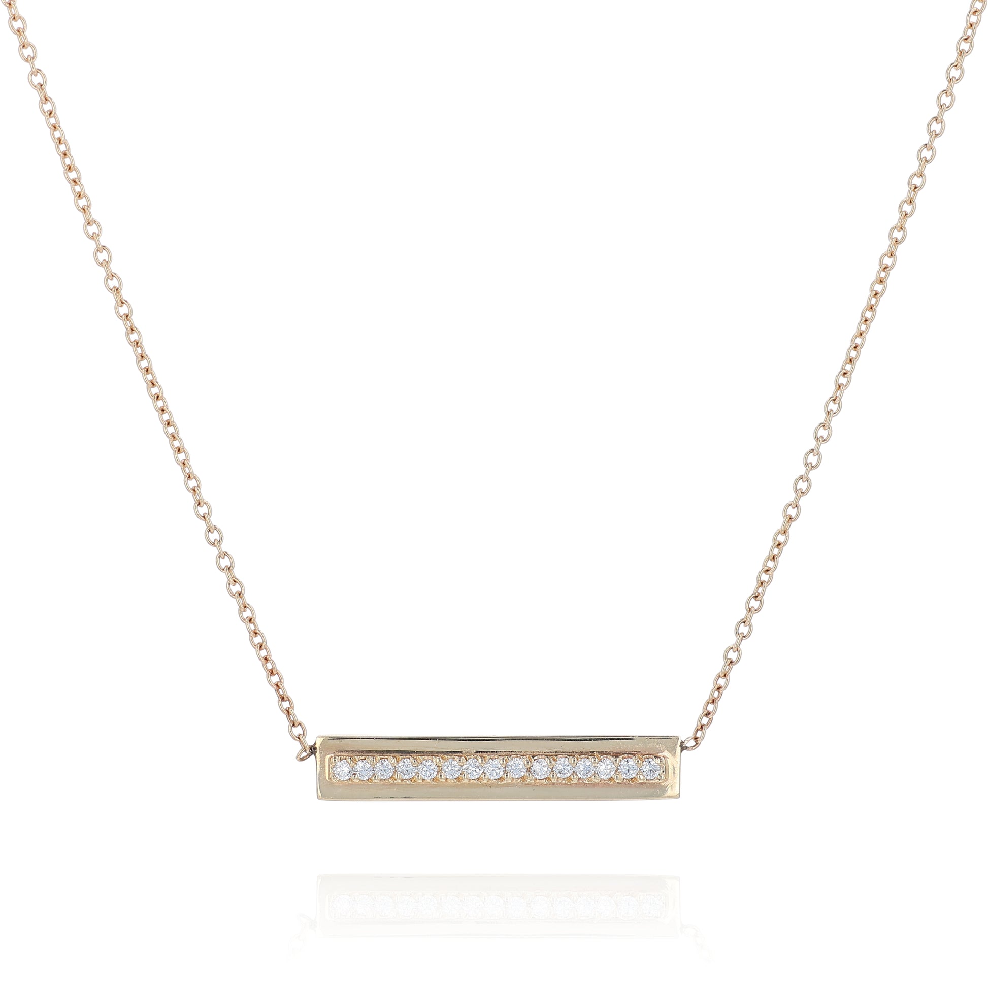 Yellow gold single row diamond bar pendant necklace on a white background