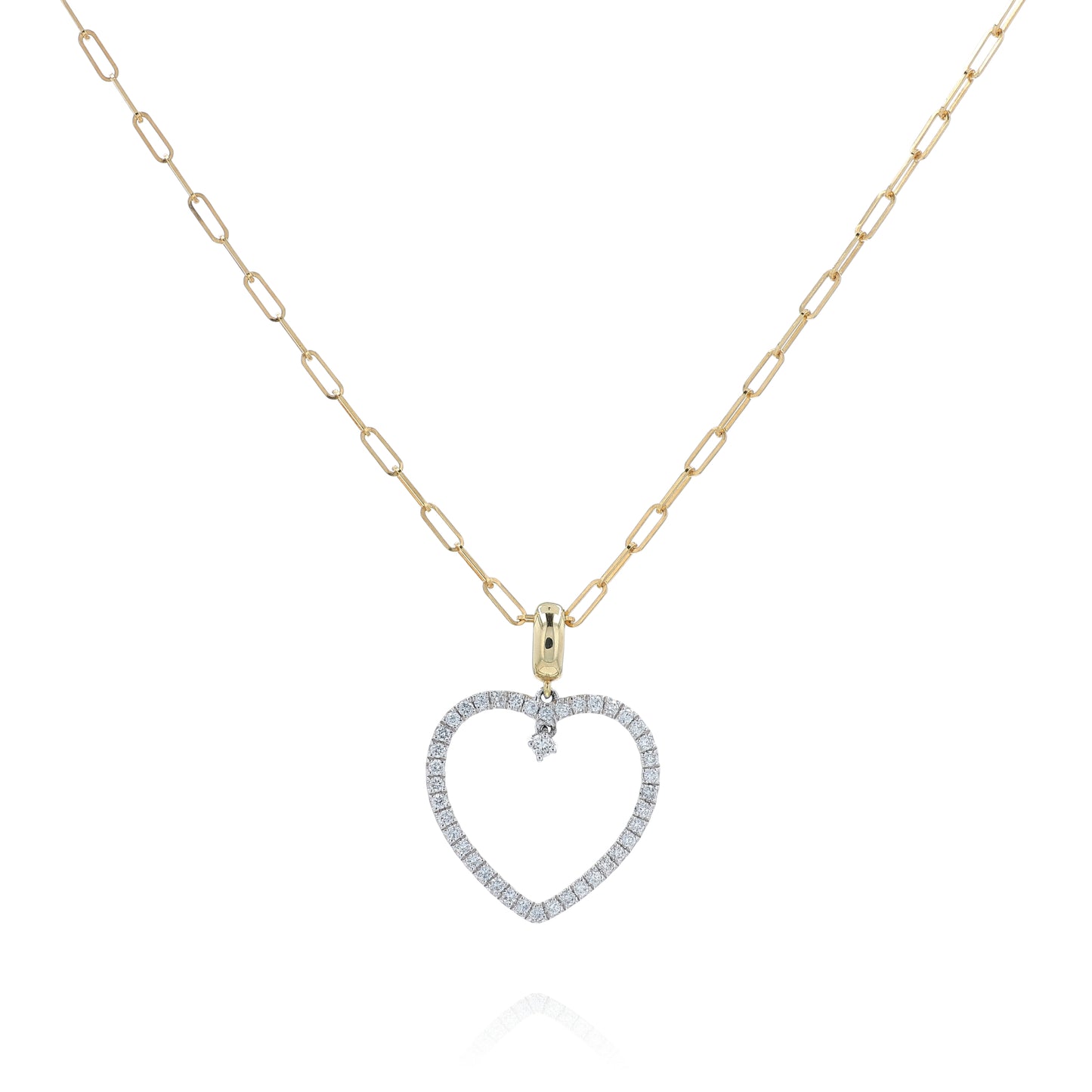 Two-tone gold open heart design diamond pendant necklace on a white background