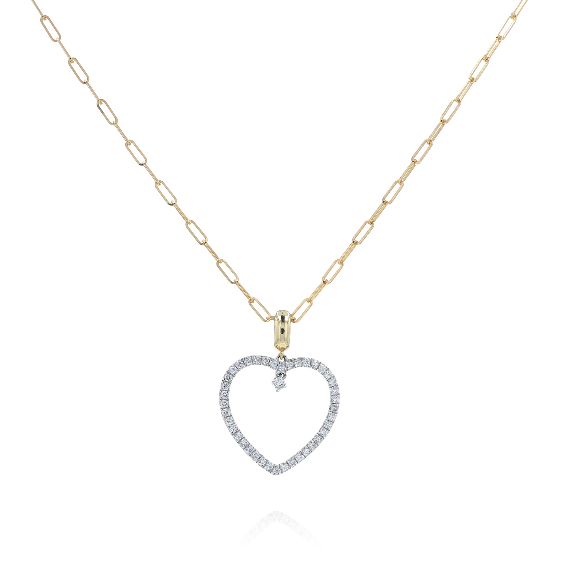 Two-tone gold open heart design diamond pendant necklace on a white background