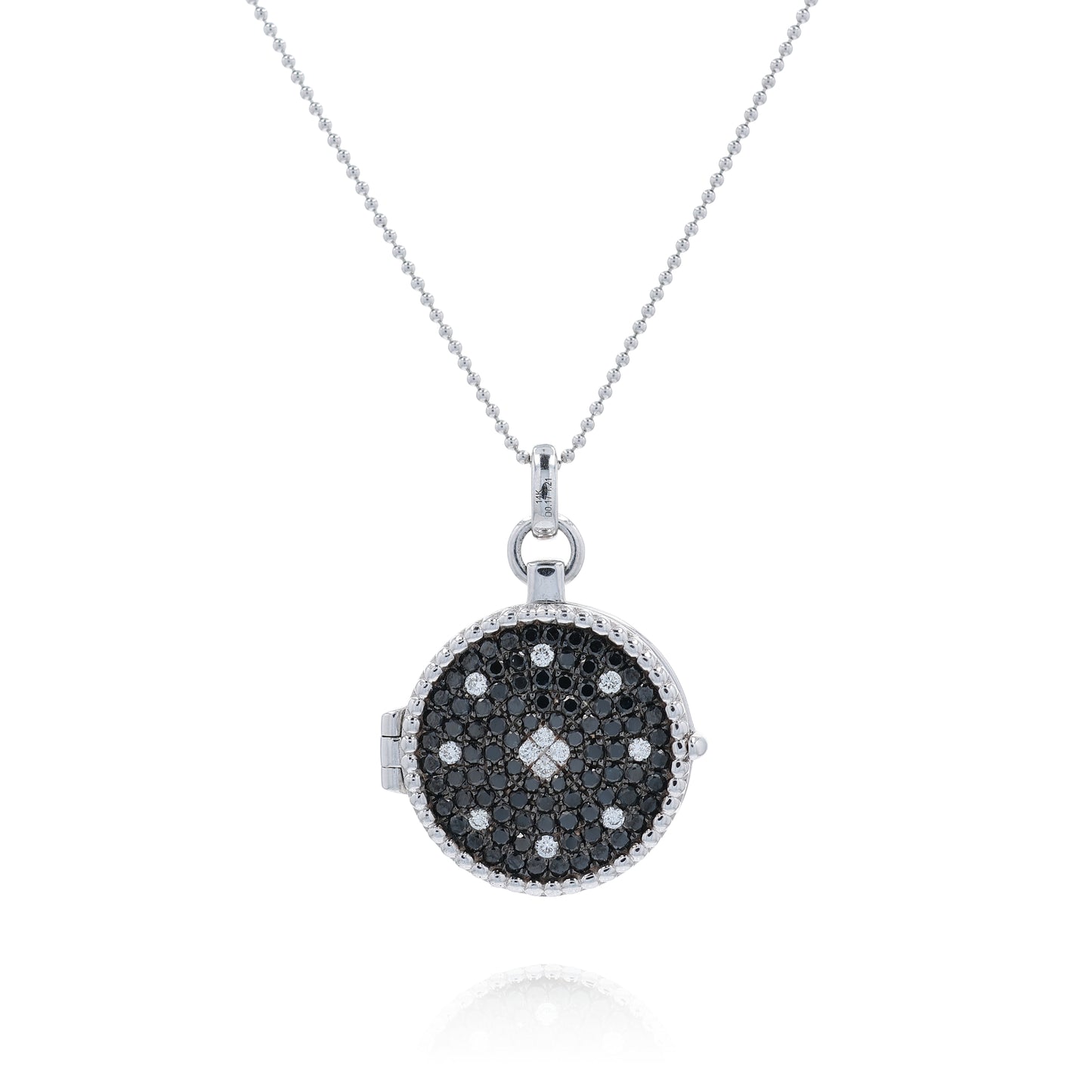 White gold white and black diamond pave locket necklace on a white background