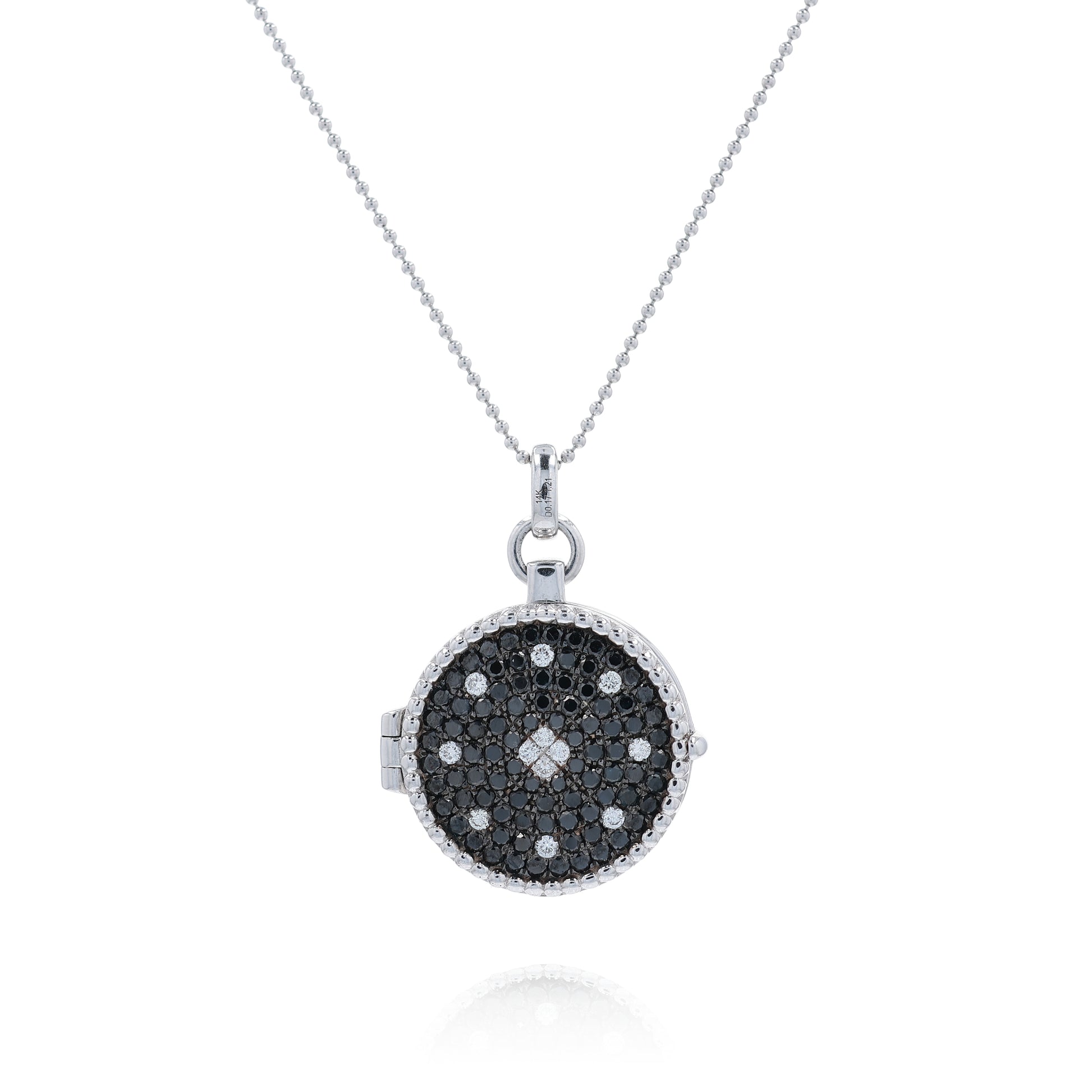 White gold white and black diamond pave locket necklace on a white background