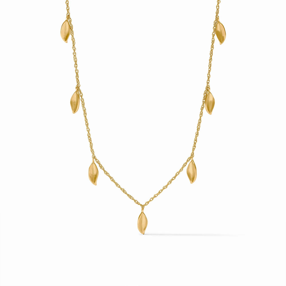 Gold necklace with leaf-shaped pendants on a white background