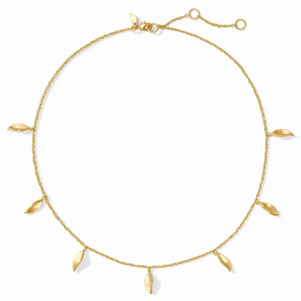 Gold necklace with leaf-shaped pendants on a white background