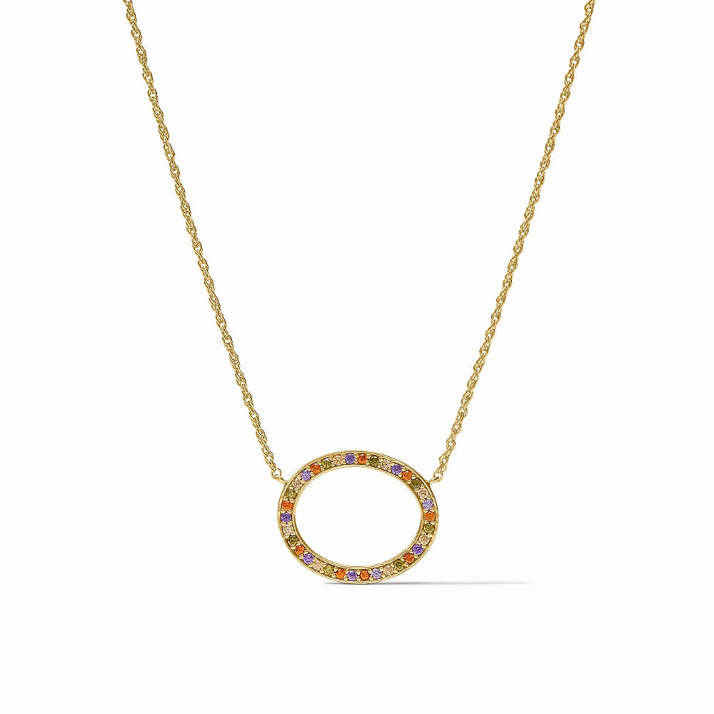 A gold chain necklace with a circular open pendant adorned with small multicolored gemstones, shown on a clean white background.