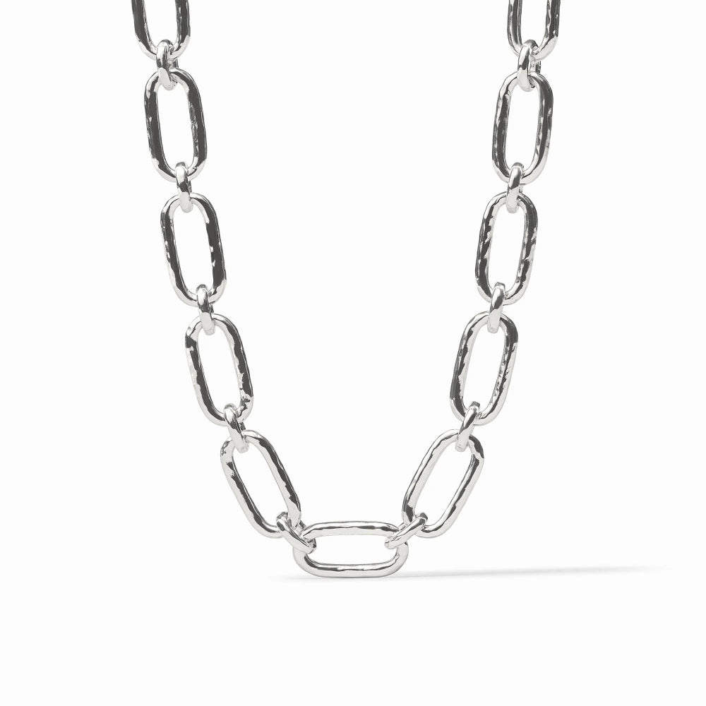 A chunky silver paperclip chain necklace with a hammered texture, displayed against a clean white background.