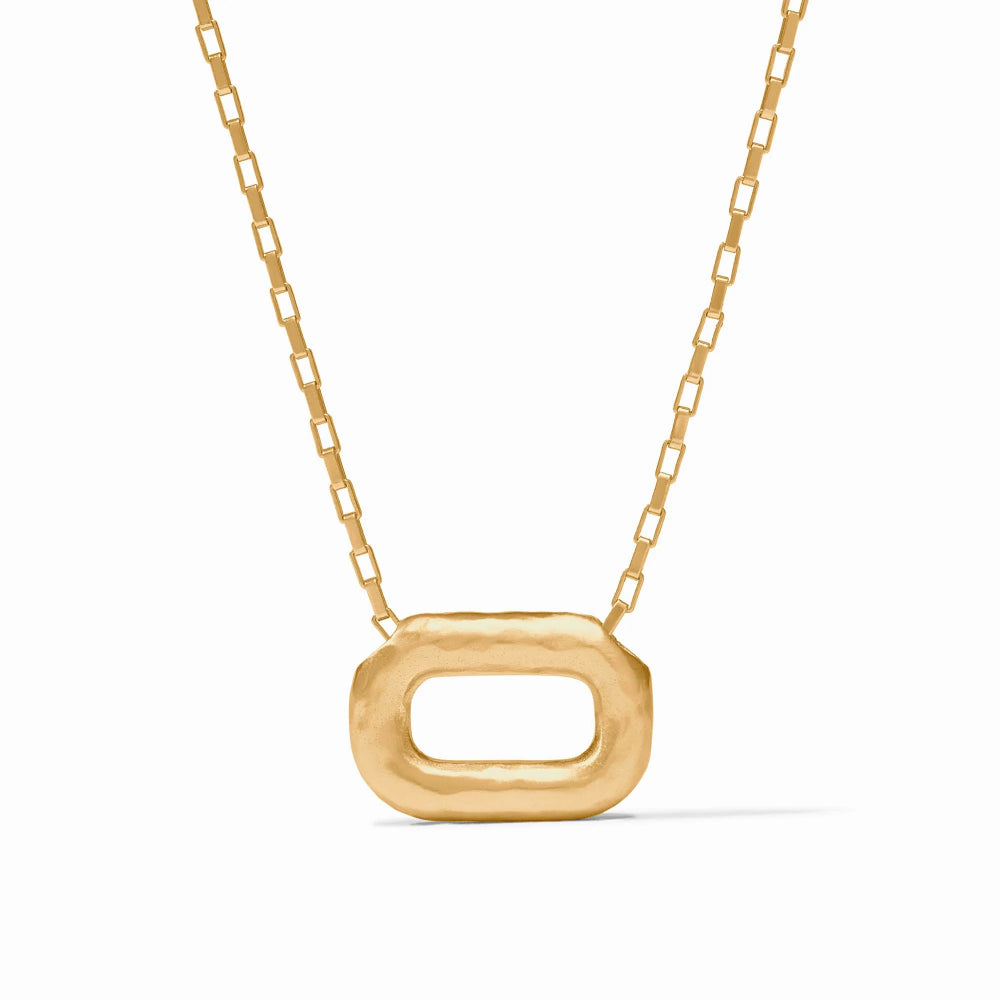 A gold necklace featuring a textured, open rectangular pendant suspended from a delicate gold chain, set against a clean white background.