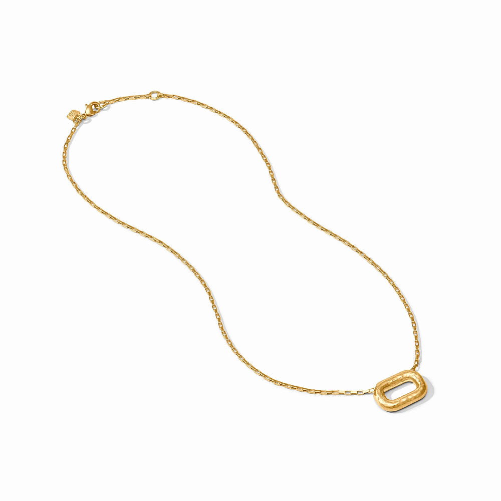 A delicate gold chain necklace featuring a textured, open oval pendant, displayed on a clean white background.