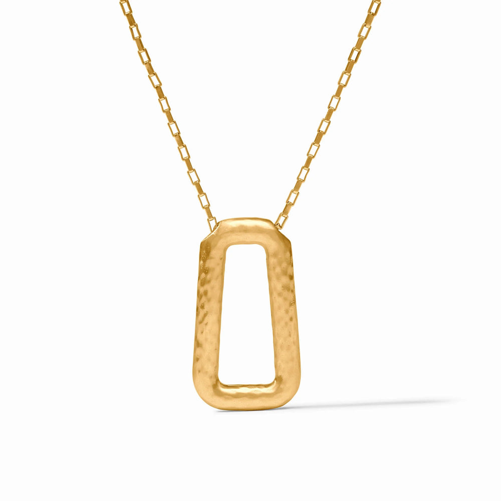 A gold pendant necklace featuring a textured, open rectangular frame on a delicate gold chain, set against a clean white background.