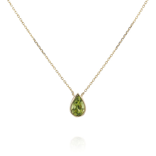 14k Yellow Gold Bezel Set Pear Shape Peridot Pendant Necklace