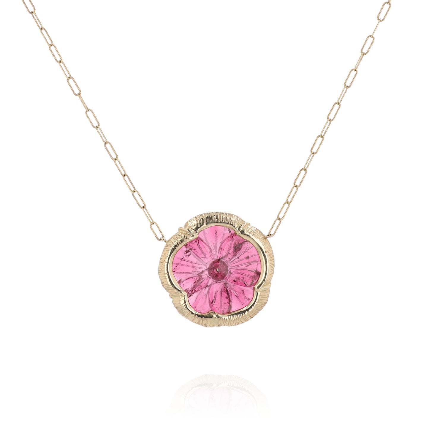 14k Yellow Gold Flower Design Carved Pink Tourmaline and Diamond Pendant Necklace