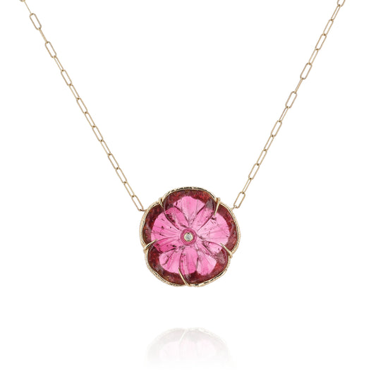 14k Yellow Gold Flower Design Carved Pink Tourmaline and Diamond Pendant Necklace