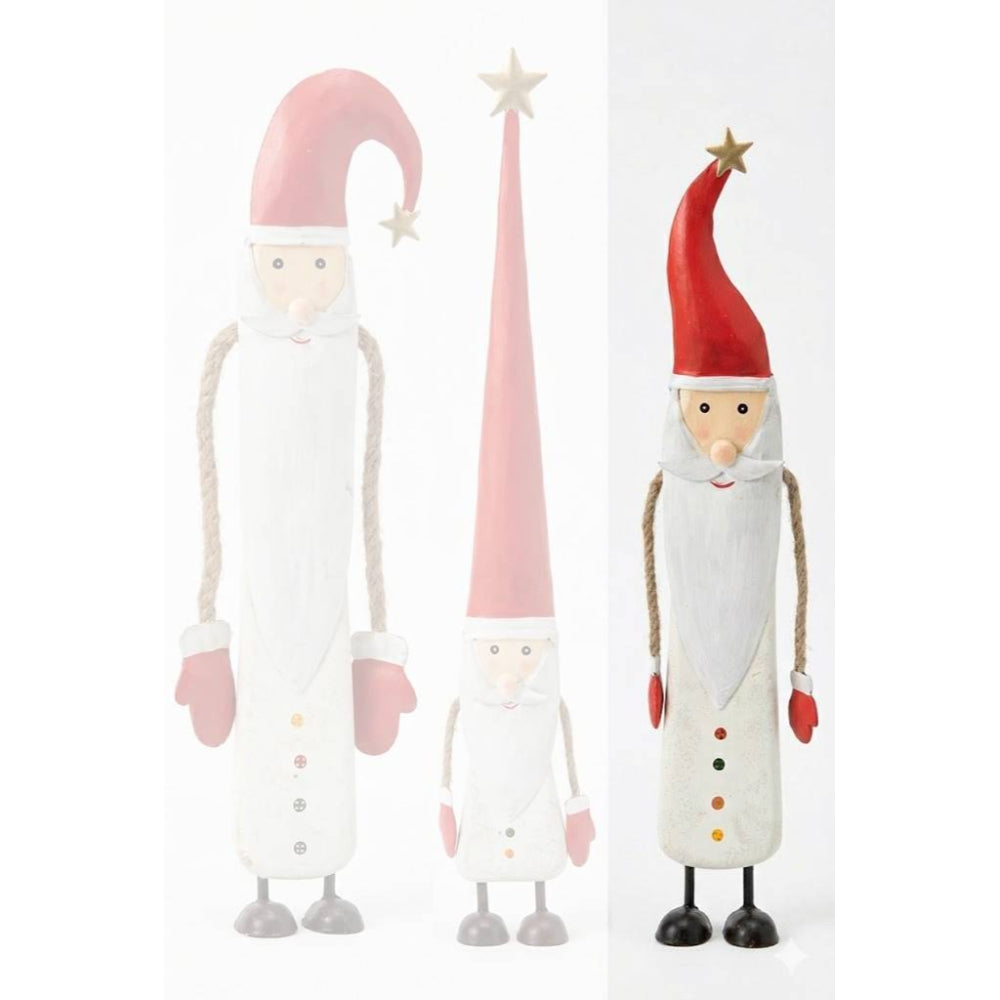 Three decorative figures with different colored hats on a white background