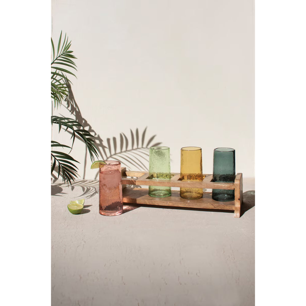 Kalalou Four Cocktail Glasses with Wooden Tray