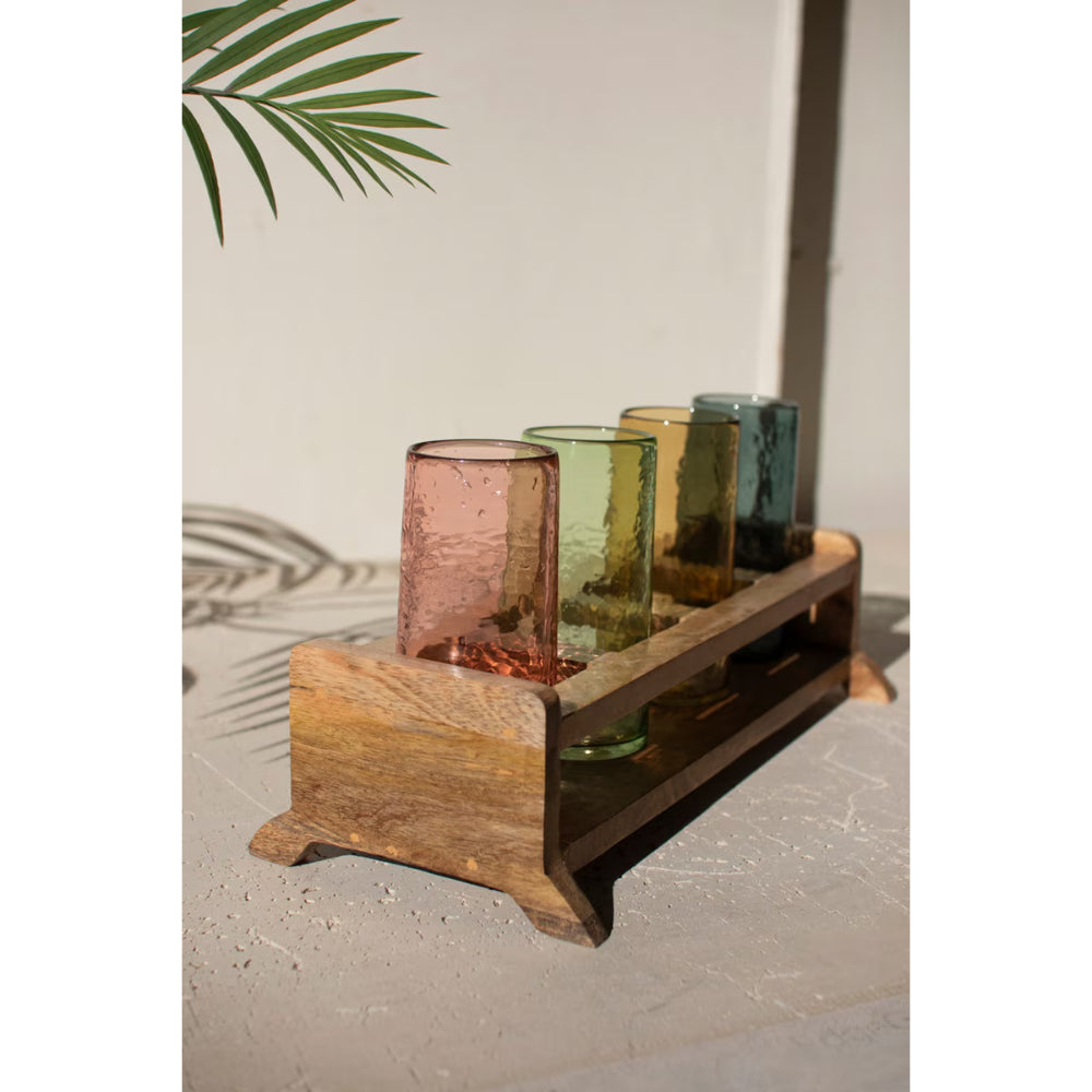 Kalalou Four Cocktail Glasses with Wooden Tray