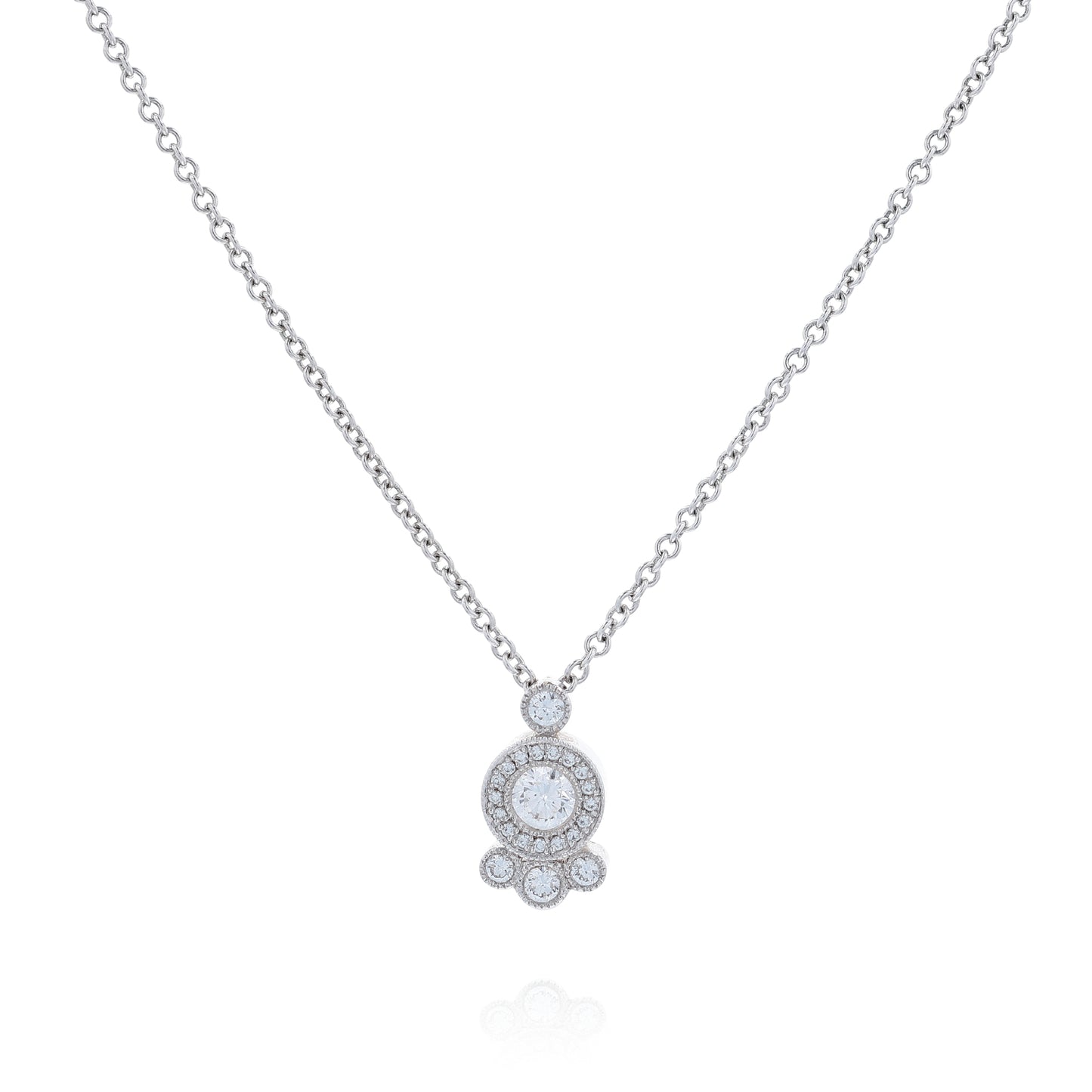 White gold abstract shape diamond halo pendant necklace on a white background