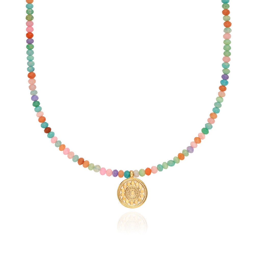 The Frida Beaded Necklace features multicolor opal beads punctuated by a Balinese dotted engravable pendant.