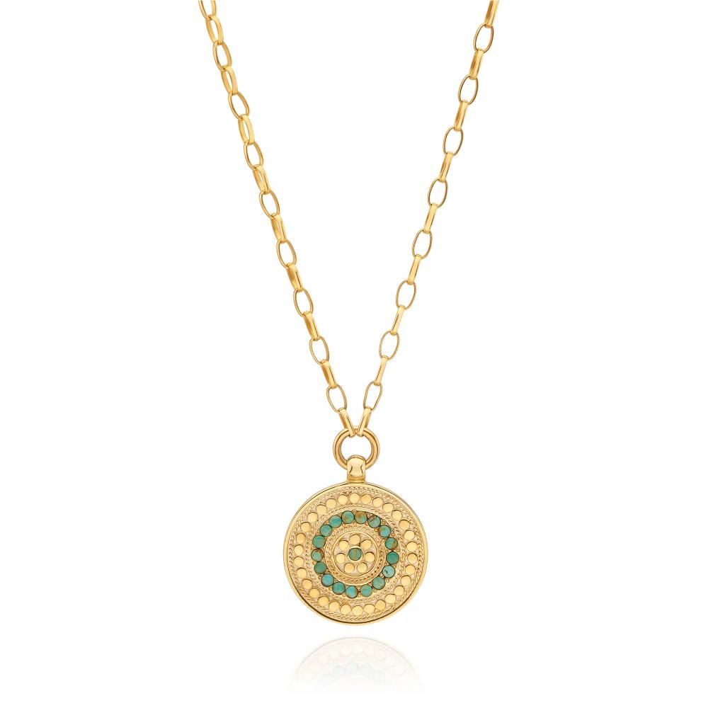 Anna Beck Turquoise Flora Medallion Circle Drop Necklace 18-20" Gold