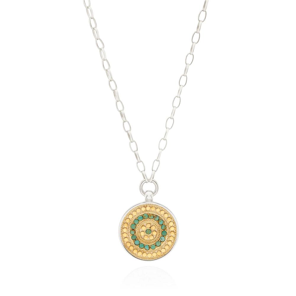 Anna Beck Turquoise Flora Medallion Two Tone Circle Drop Necklace 18-20"