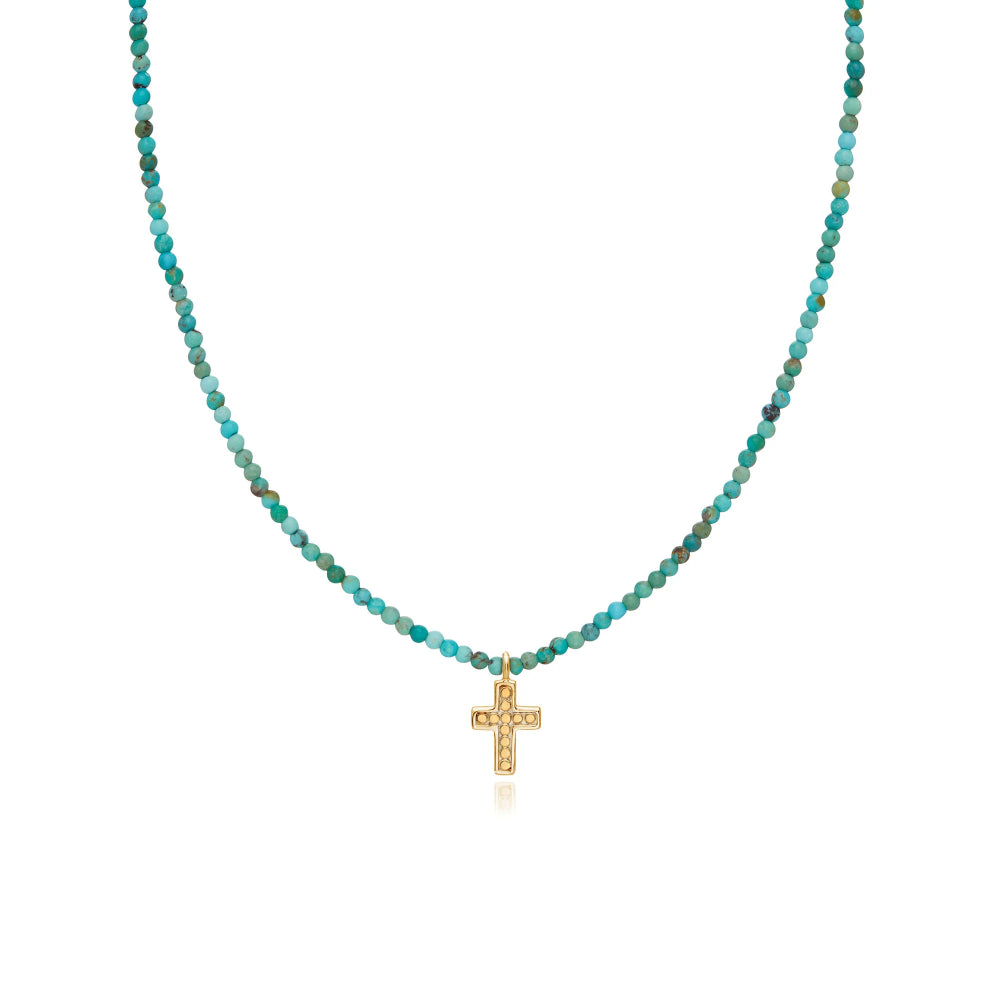 Anna Beck Mini Two Tone Beaded Turquoise Necklace with Gold Cross 15-17"