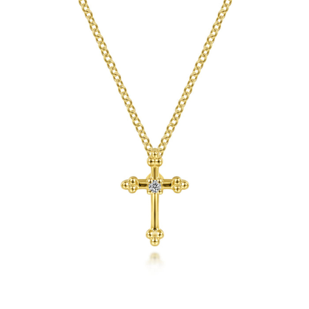 Gabriel & Co. 14k Yellow Gold Beaded Diamond Cross Pendant Necklace