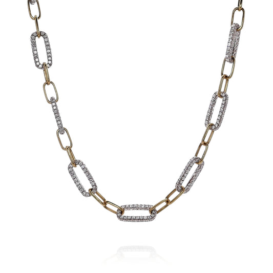 18k Two-Tone 16" Polished and Diamond Paperclip Link Chain Necklace