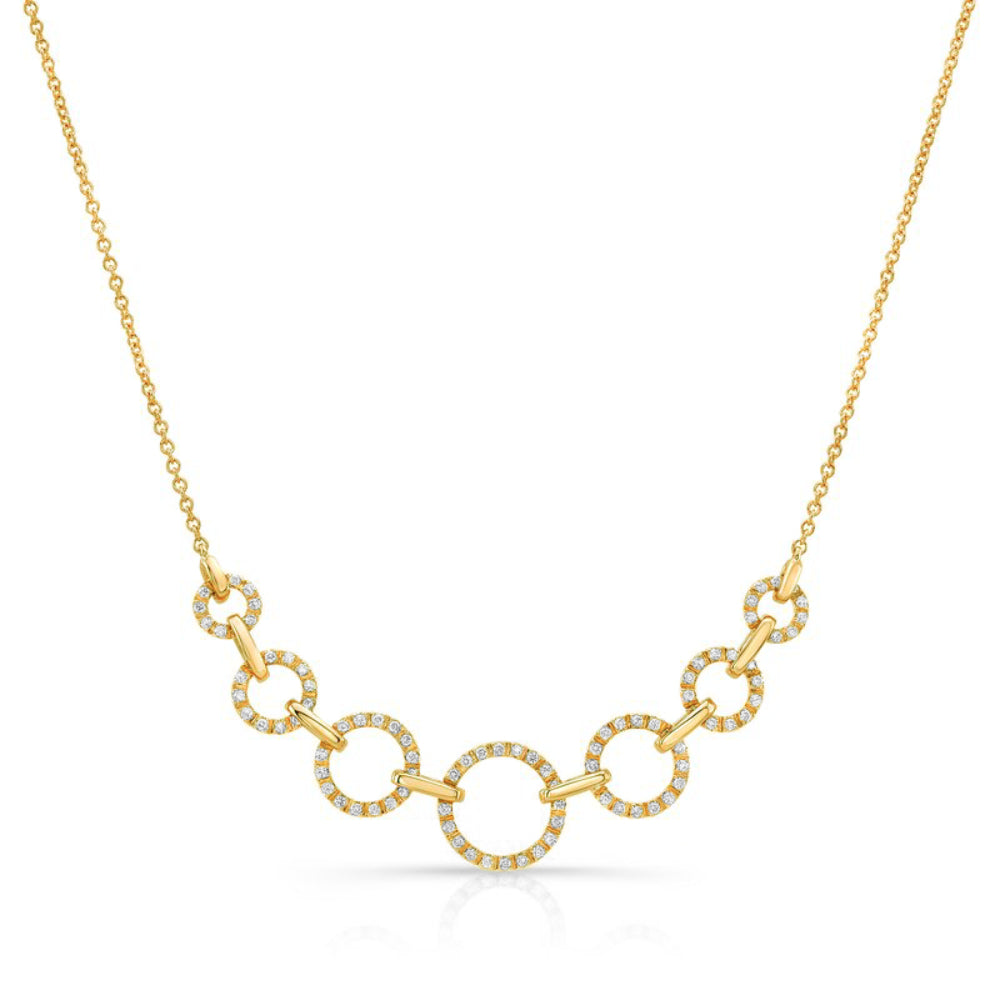 Gold necklace with interlocking diamond rings on a white background
