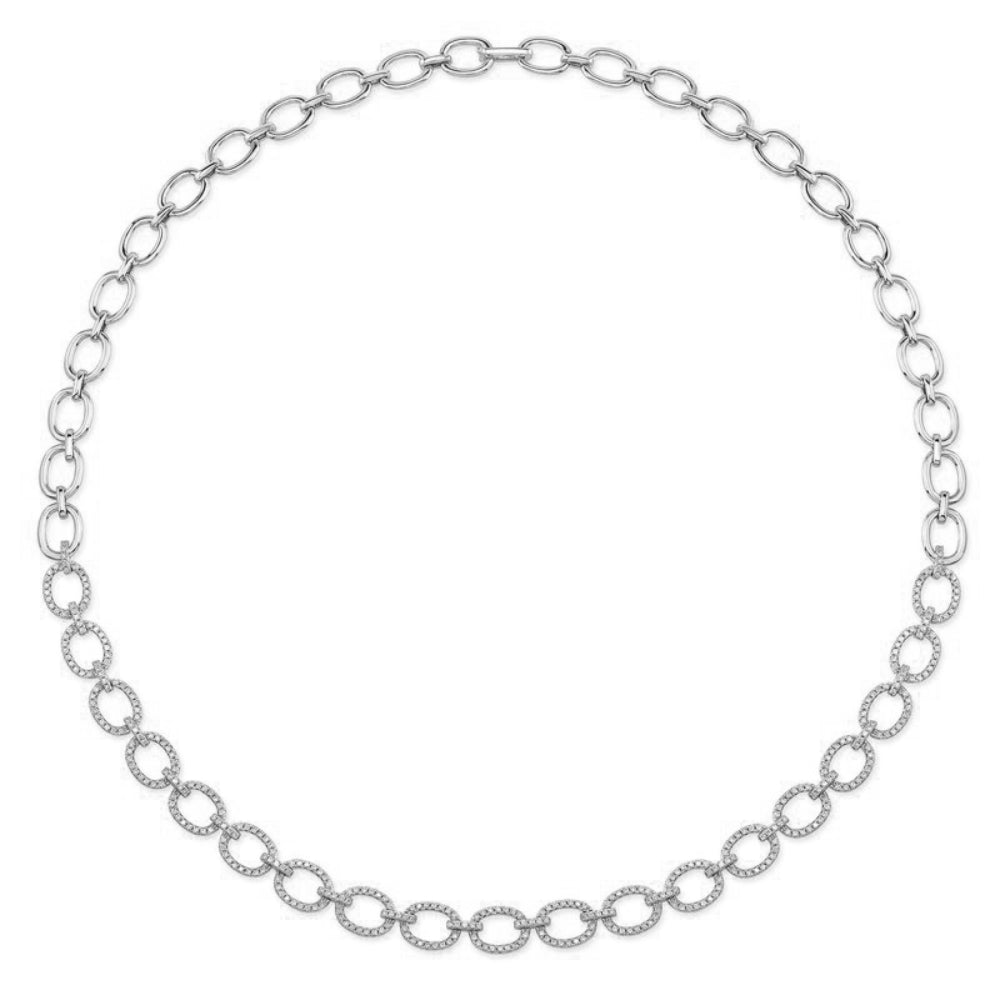 White gold and diamond chain necklace on a white background