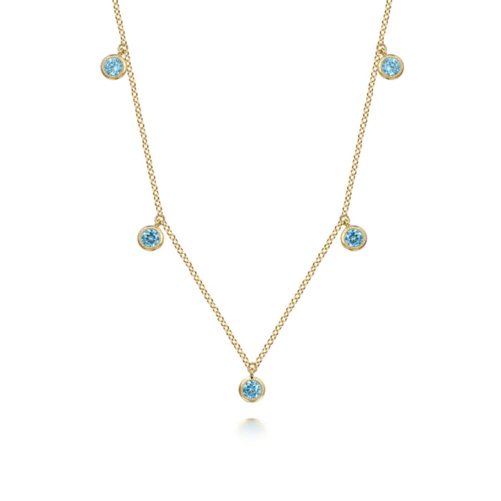 Gabriel & Co. 14k Yellow Gold Bezel Set Blue Topaz Station Necklace