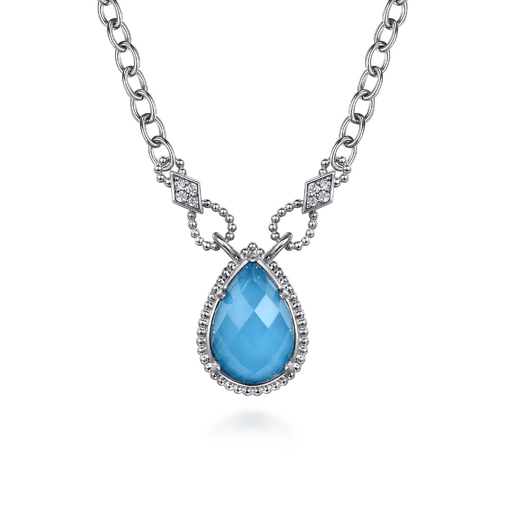 White Sapphire and Rock Crystal Turquoise Drop Doublet on 20in silver chain 