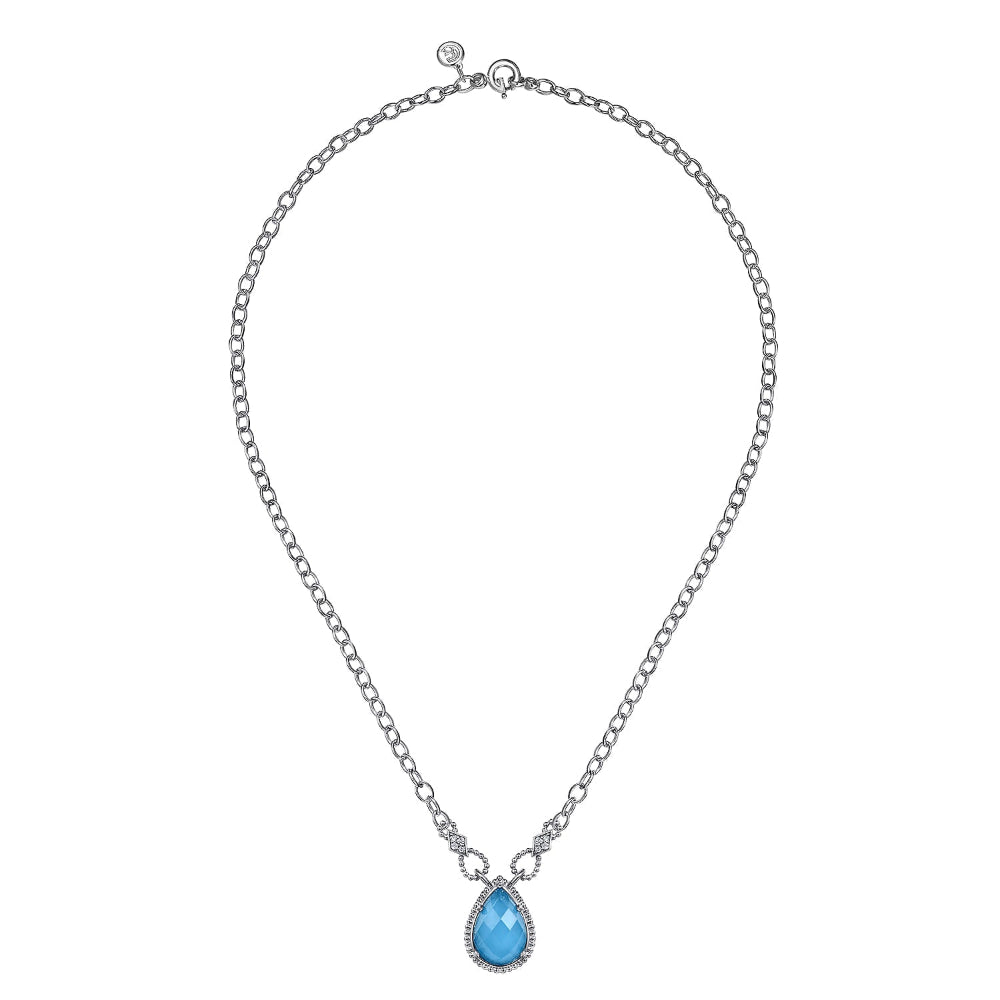 White Sapphire and Rock Crystal Turquoise Drop Doublet on 20in silver chain 