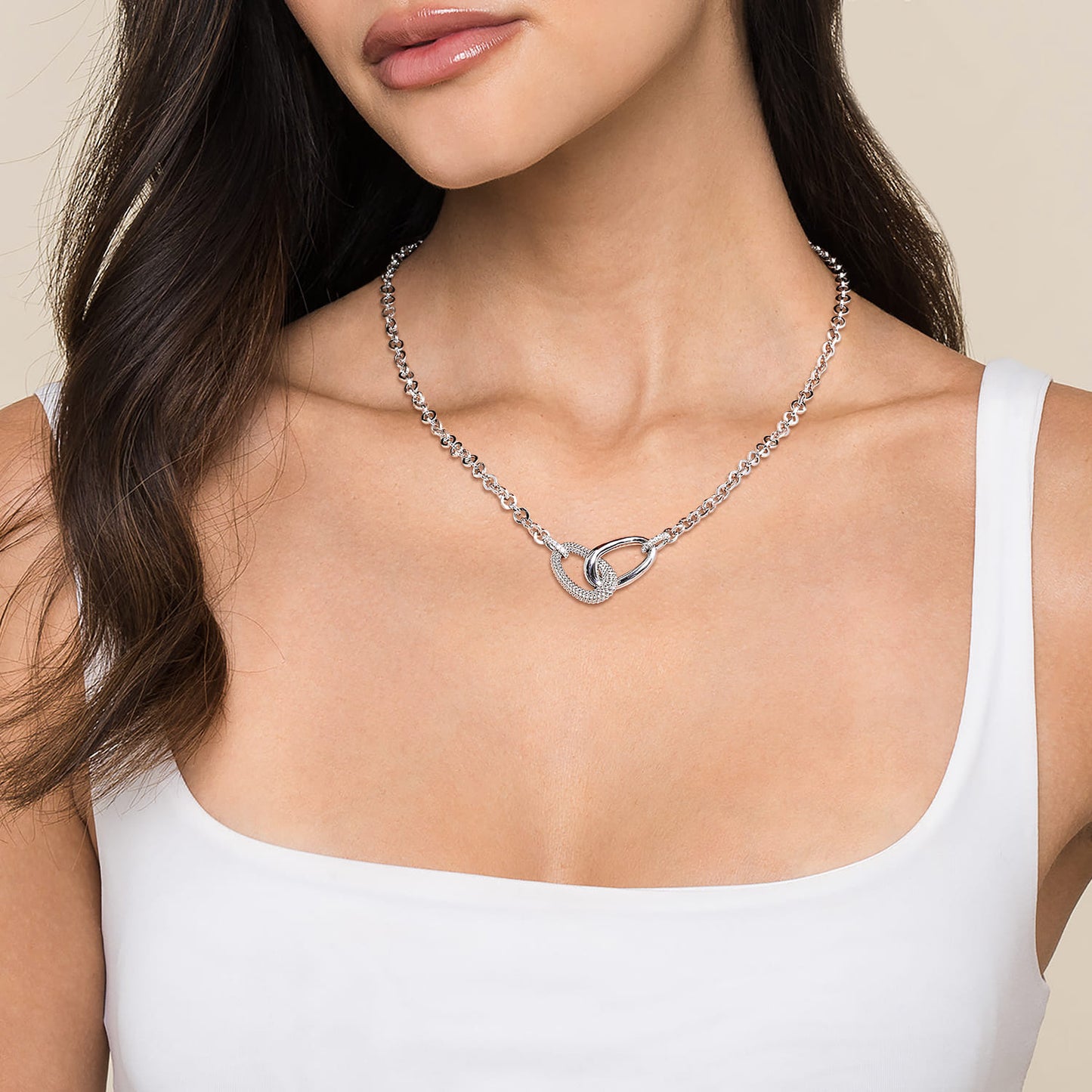 Woman wearing 17 inch Sterling silver and White Sapphire Link Chain Necklace 