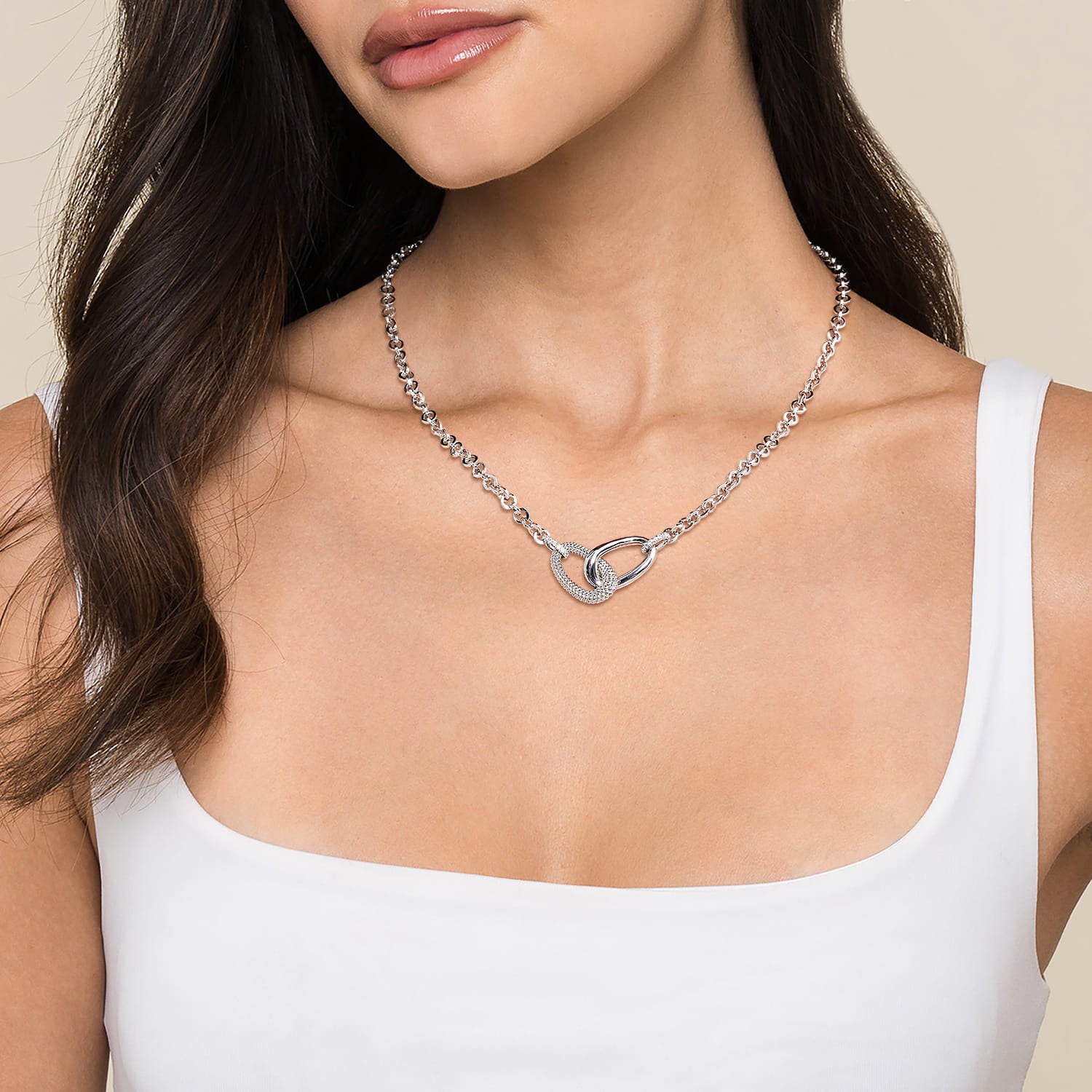 Woman wearing 17 inch Sterling silver and White Sapphire Link Chain Necklace 