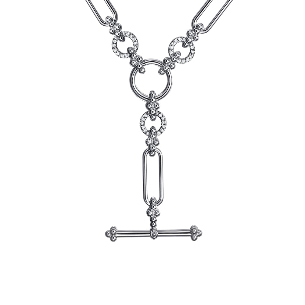 Sterling silver Y Shaped necklace with white sapphire accent circular rings 