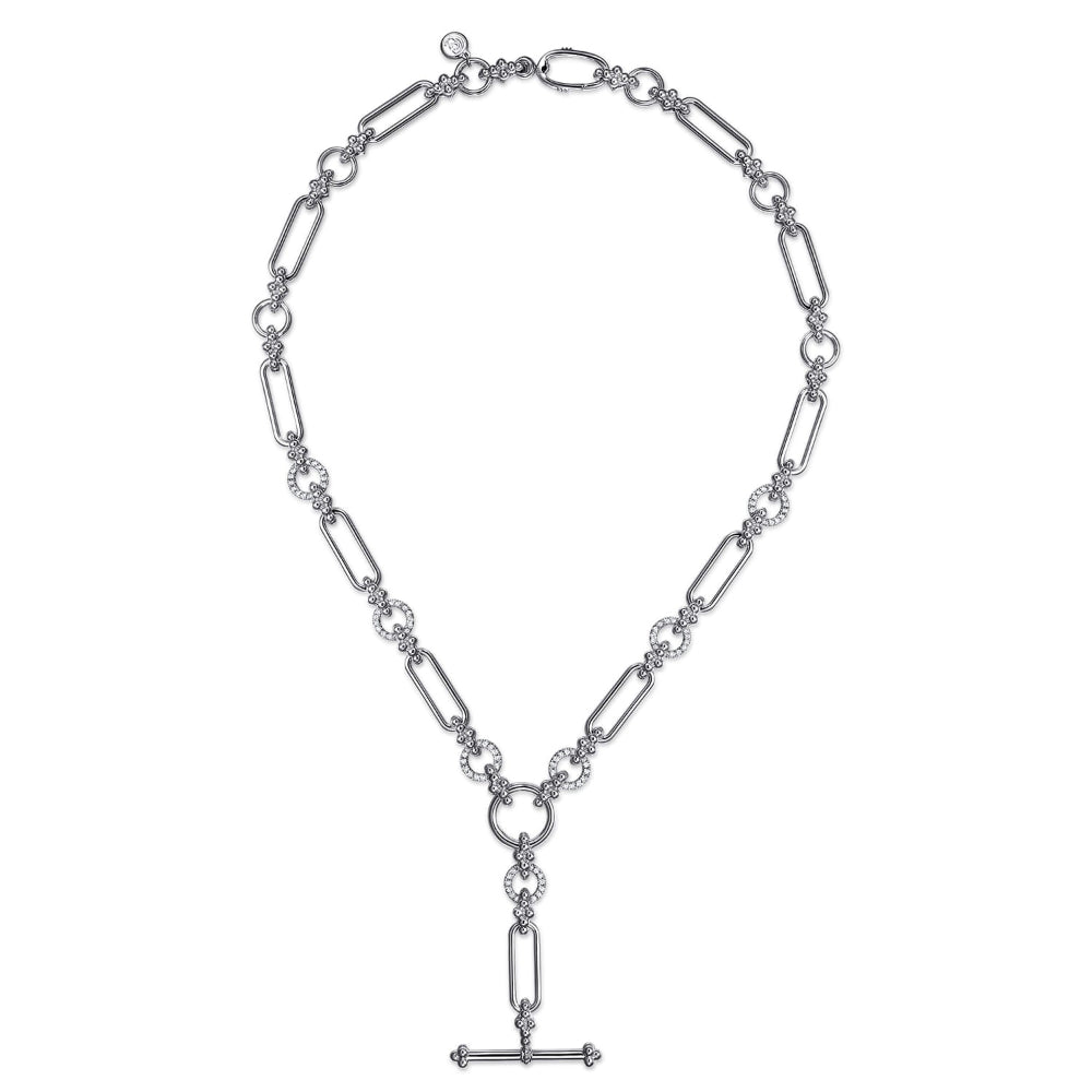 Sterling silver Y Shaped necklace with white sapphire accent circular rings 