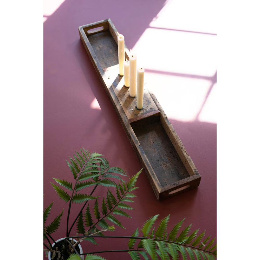 Kalalou Recycled Wooden Tray with Four Taper Candle Holders "In-Store Only"