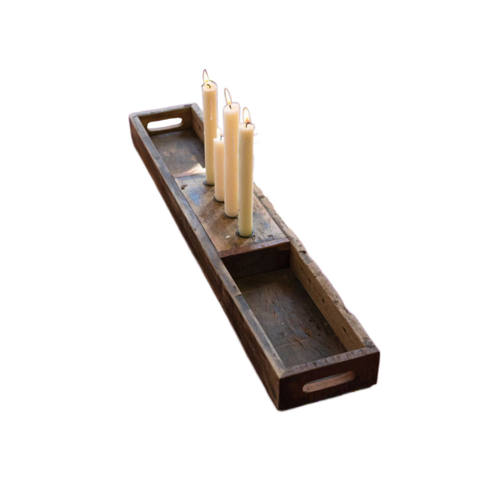 Kalalou Recycled Wooden Tray with Four Taper Candle Holders "In-Store Only"