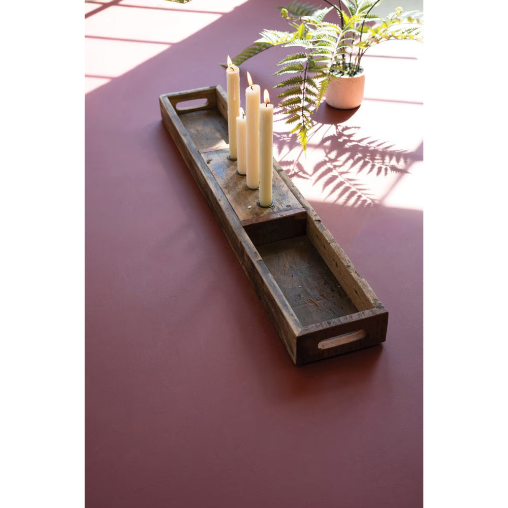 Kalalou Recycled Wooden Tray with Four Taper Candle Holders "In-Store Only"