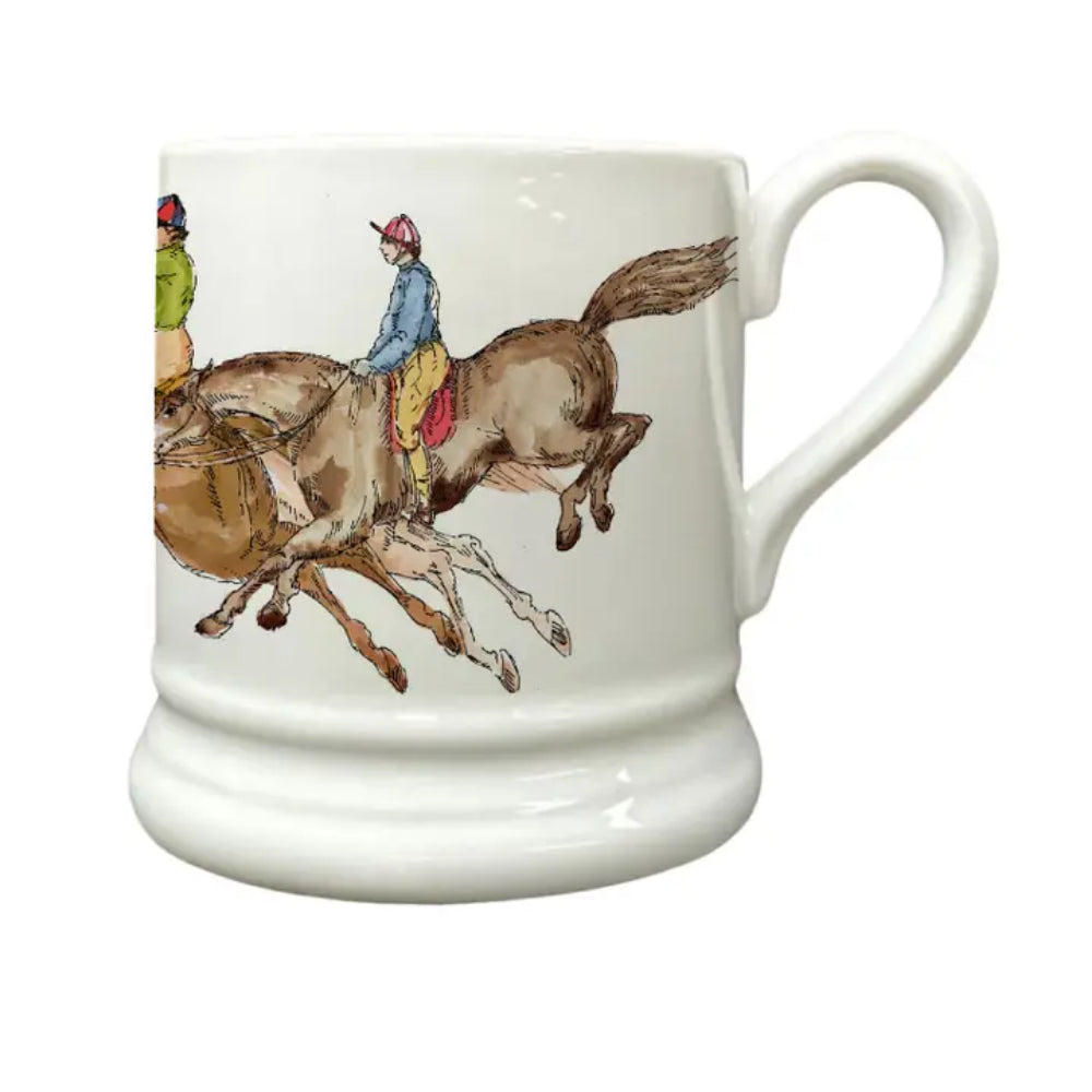White mug with a horse and rider illustration on a white background
